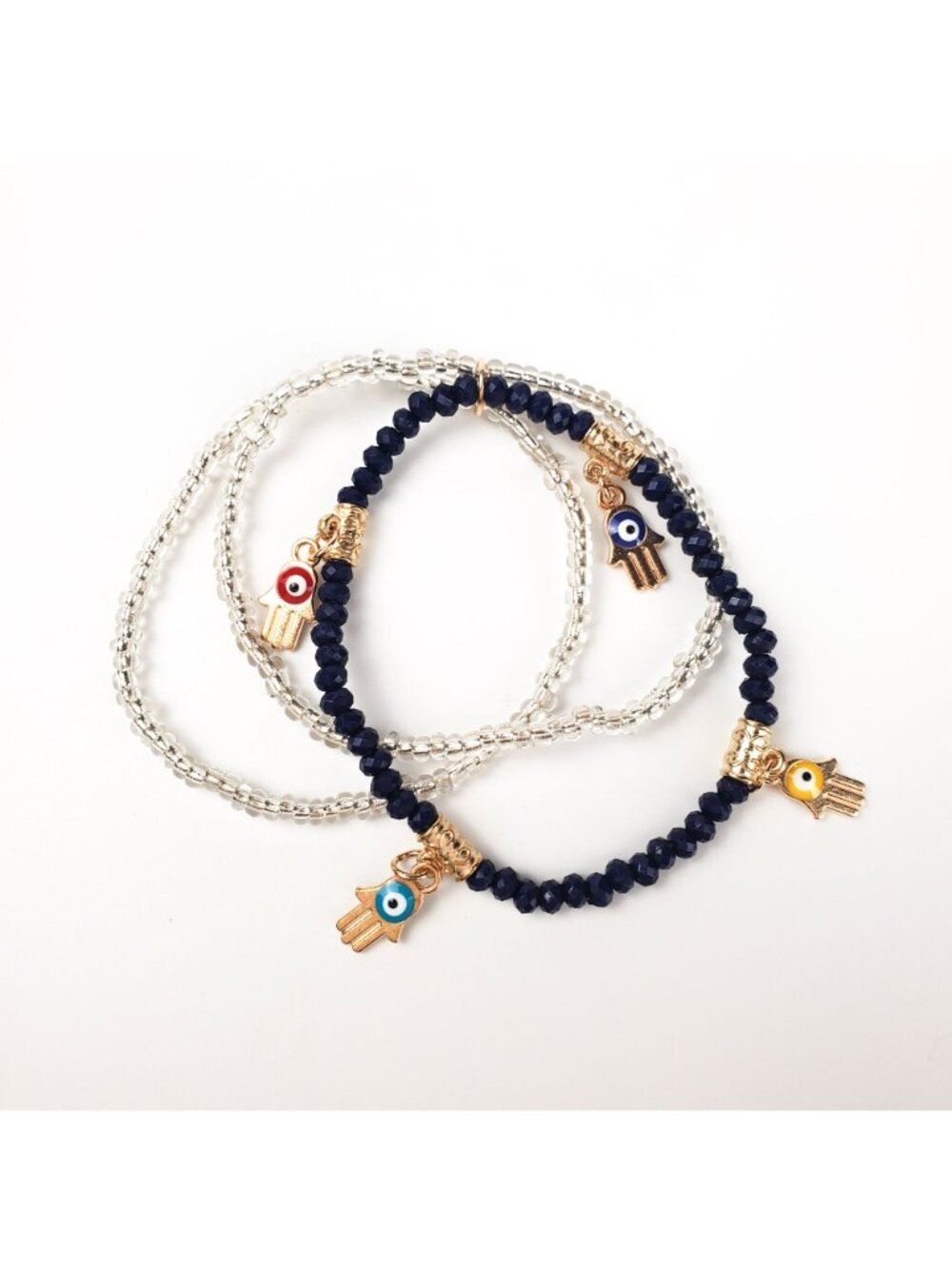 Beaded Evil Eye Hamsa Charm Bracelet Set - Gold Navy And Clear Accents - Stretch